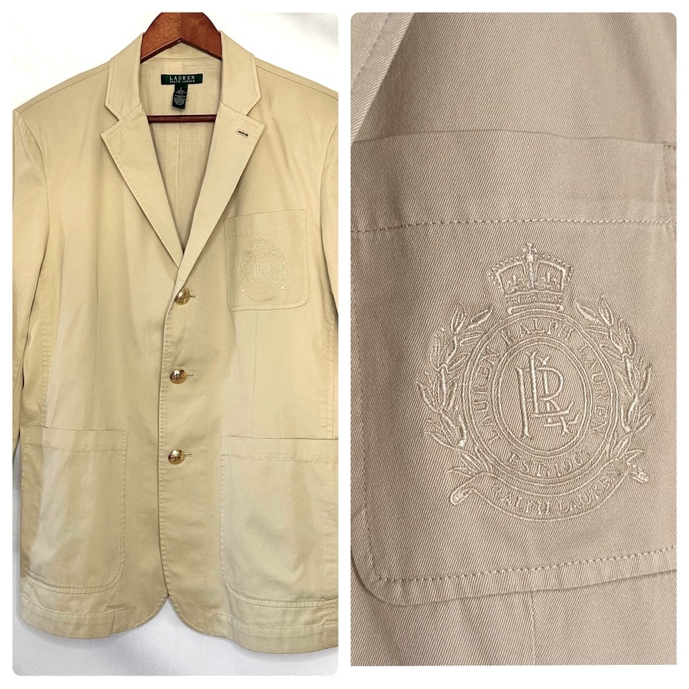 Sold-LRL Beige Blazer Jacket Embroidered Crest Logo Gold Buttons Mens L - Picture 1 of 10